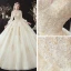 Viktorianischer Stil Champagner Hochzeits Brautkleider / Hochzeitskleider 2020 Ballkleid Durchsichtige Stehkragen Geschwollenes Lange Ärmel Rückenfreies Applikationen Spitze Perlenstickerei Kathedrale Schleppe