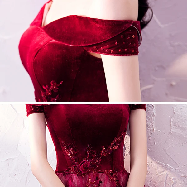 Haut de Gamme Bordeaux Robe De Soirée 2020 Princesse De l'épaule Manches Courtes Appliques En Dentelle Perlage Glitter Tulle Longue Volants Dos Nu Robe De Ceremonie