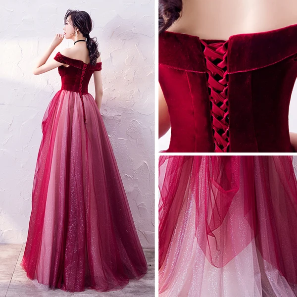 Haut de Gamme Bordeaux Robe De Soirée 2020 Princesse De l'épaule Manches Courtes Appliques En Dentelle Perlage Glitter Tulle Longue Volants Dos Nu Robe De Ceremonie