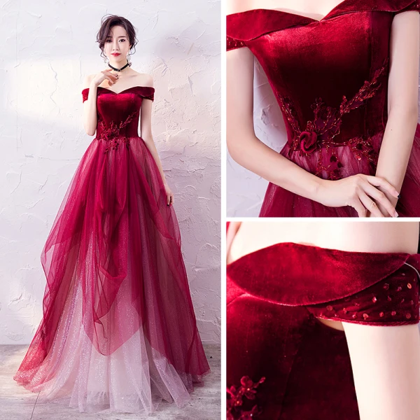 Haut de Gamme Bordeaux Robe De Soirée 2020 Princesse De l'épaule Manches Courtes Appliques En Dentelle Perlage Glitter Tulle Longue Volants Dos Nu Robe De Ceremonie