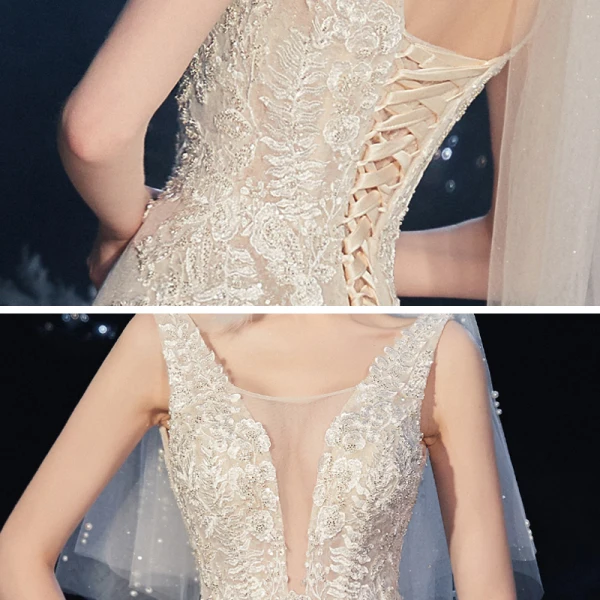 Élégant Champagne La Mariée Robe De Mariée 2020 Trompette / Sirène Transparentes Col v profond Sans Manches Dos Nu Appliques En Dentelle Paillettes Perlage Chapel Train