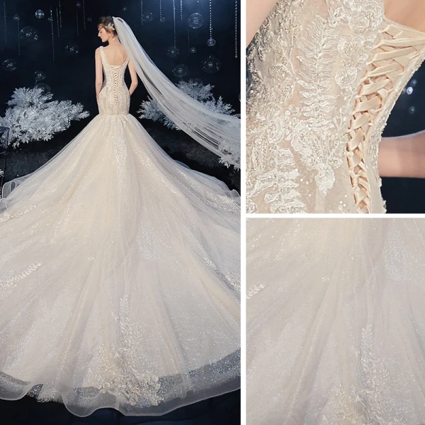 Élégant Champagne La Mariée Robe De Mariée 2020 Trompette / Sirène Transparentes Col v profond Sans Manches Dos Nu Appliques En Dentelle Paillettes Perlage Chapel Train
