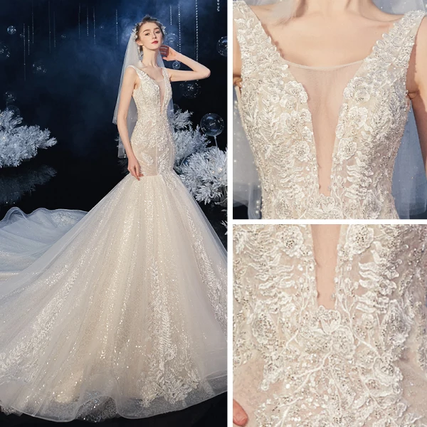 Élégant Champagne La Mariée Robe De Mariée 2020 Trompette / Sirène Transparentes Col v profond Sans Manches Dos Nu Appliques En Dentelle Paillettes Perlage Chapel Train