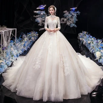 Vintage Originale Champagne Transparentes La Mariée Robe De Mariée 2020 Robe Boule Col Haut 3 4 Manches Dos Nu Appliques En Dentelle Perlage Cathedral Train Volants
