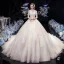 Vintage / Retro Champagne See-through Bridal Wedding Dresses 2020 Ball Gown High Neck 3/4 Sleeve Backless Appliques Lace Beading Cathedral Train Ruffle