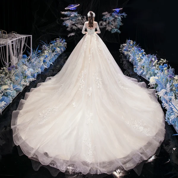 Vintage / Retro Champagne See-through Bridal Wedding Dresses 2020 Ball Gown High Neck 3/4 Sleeve Backless Appliques Lace Beading Cathedral Train Ruffle