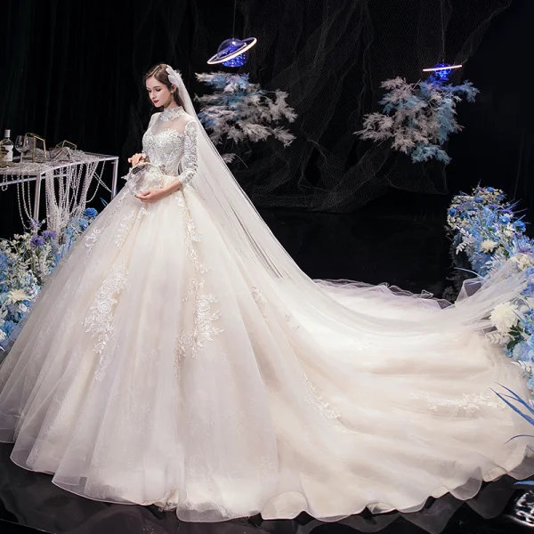 Vintage / Retro Champagne See-through Bridal Wedding Dresses 2020 Ball Gown High Neck 3/4 Sleeve Backless Appliques Lace Beading Cathedral Train Ruffle