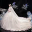 Vintage / Retro Champagne See-through Bridal Wedding Dresses 2020 Ball Gown High Neck 3/4 Sleeve Backless Appliques Lace Beading Cathedral Train Ruffle