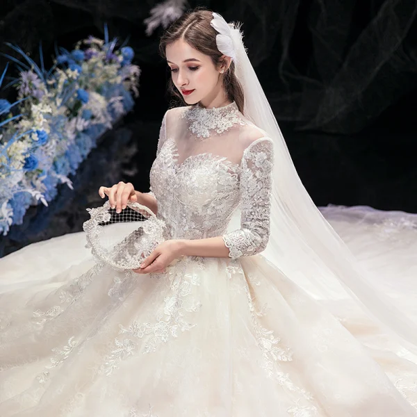 Vintage / Retro Champagne See-through Bridal Wedding Dresses 2020 Ball Gown High Neck 3/4 Sleeve Backless Appliques Lace Beading Cathedral Train Ruffle