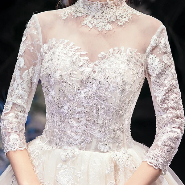 Vintage / Retro Champagne See-through Bridal Wedding Dresses 2020 Ball Gown High Neck 3/4 Sleeve Backless Appliques Lace Beading Cathedral Train Ruffle