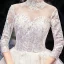 Vintage / Retro Champagne See-through Bridal Wedding Dresses 2020 Ball Gown High Neck 3/4 Sleeve Backless Appliques Lace Beading Cathedral Train Ruffle