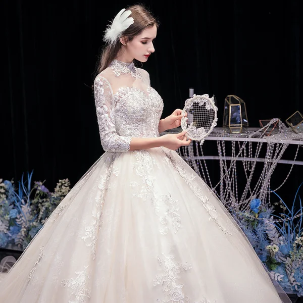 Vintage / Retro Champagne See-through Bridal Wedding Dresses 2020 Ball Gown High Neck 3/4 Sleeve Backless Appliques Lace Beading Cathedral Train Ruffle