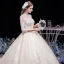 Vintage / Retro Champagne See-through Bridal Wedding Dresses 2020 Ball Gown High Neck 3/4 Sleeve Backless Appliques Lace Beading Cathedral Train Ruffle