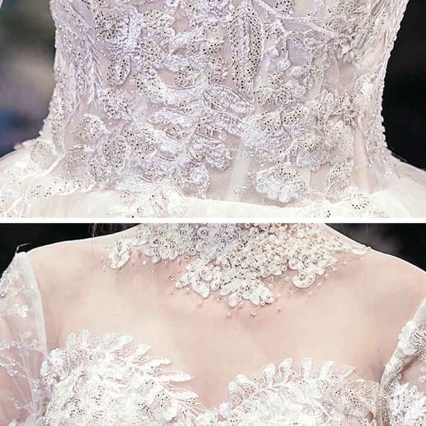 Vintage / Retro Champagne See-through Bridal Wedding Dresses 2020 Ball Gown High Neck 3/4 Sleeve Backless Appliques Lace Beading Cathedral Train Ruffle