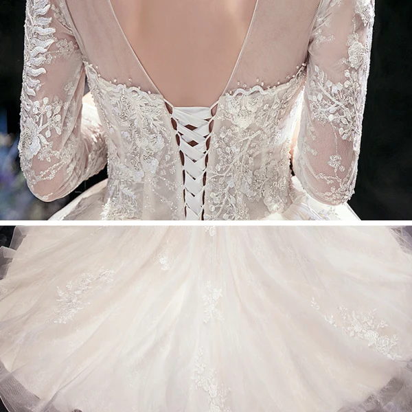 Vintage / Retro Champagne See-through Bridal Wedding Dresses 2020 Ball Gown High Neck 3/4 Sleeve Backless Appliques Lace Beading Cathedral Train Ruffle