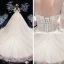 Vintage / Retro Champagne See-through Bridal Wedding Dresses 2020 Ball Gown High Neck 3/4 Sleeve Backless Appliques Lace Beading Cathedral Train Ruffle
