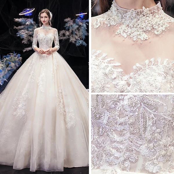 Vintage / Retro Champagne See-through Bridal Wedding Dresses 2020 Ball Gown High Neck 3/4 Sleeve Backless Appliques Lace Beading Cathedral Train Ruffle