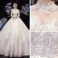 Vintage / Retro Champagne See-through Bridal Wedding Dresses 2020 Ball Gown High Neck 3/4 Sleeve Backless Appliques Lace Beading Cathedral Train Ruffle