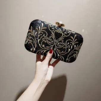 Chinese Style Black Lace Clutch Bags 2020 Metal Embroidered Flower