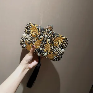 Charmant Noire Doré Pochette 2020 Métal Perlage Perle Brodé Gland