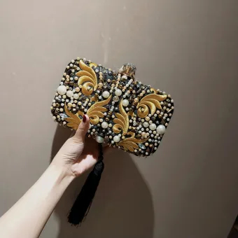 Lovely Black Gold Clutch Bags 2020 Metal Beading Pearl Embroidered Tassel