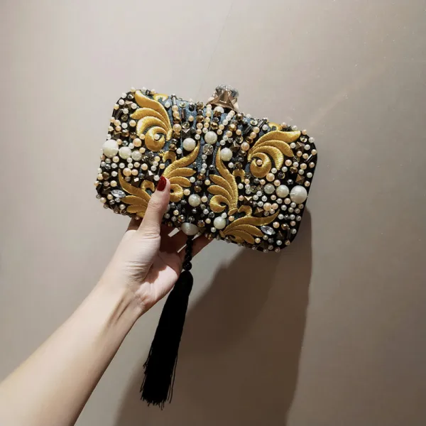 Charmant Noire Doré Pochette 2020 Métal Perlage Perle Brodé Gland