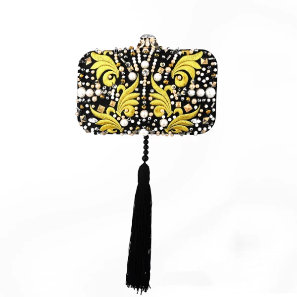 Charmant Noire Doré Pochette 2020 Métal Perlage Perle Brodé Gland