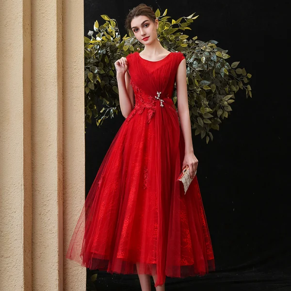 Chic / Beautiful Red Homecoming Graduation Dresses 2020 A-Line / Princess  Scoop Neck Sleeveless Appliques Lace Beading