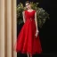 Chic / Beautiful Red Homecoming Graduation Dresses 2020 A-Line / Princess Scoop Neck Sleeveless Appliques Lace Beading Tea-length Ruffle Formal Dresses