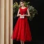 Chic / Beautiful Red Homecoming Graduation Dresses 2020 A-Line / Princess Scoop Neck Sleeveless Appliques Lace Beading Tea-length Ruffle Formal Dresses