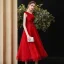 Chic / Beautiful Red Homecoming Graduation Dresses 2020 A-Line / Princess Scoop Neck Sleeveless Appliques Lace Beading Tea-length Ruffle Formal Dresses