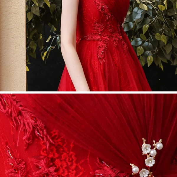Chic / Beautiful Red Homecoming Graduation Dresses 2020 A-Line / Princess Scoop Neck Sleeveless Appliques Lace Beading Tea-length Ruffle Formal Dresses