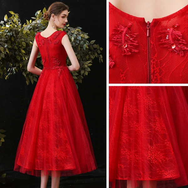 Chic / Beautiful Red Homecoming Graduation Dresses 2020 A-Line / Princess Scoop Neck Sleeveless Appliques Lace Beading Tea-length Ruffle Formal Dresses