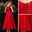 Chic / Beautiful Red Homecoming Graduation Dresses 2020 A-Line / Princess Scoop Neck Sleeveless Appliques Lace Beading Tea-length Ruffle Formal Dresses
