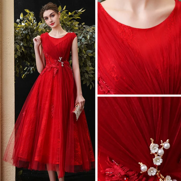 Chic / Beautiful Red Homecoming Graduation Dresses 2020 A-Line / Princess Scoop Neck Sleeveless Appliques Lace Beading Tea-length Ruffle Formal Dresses