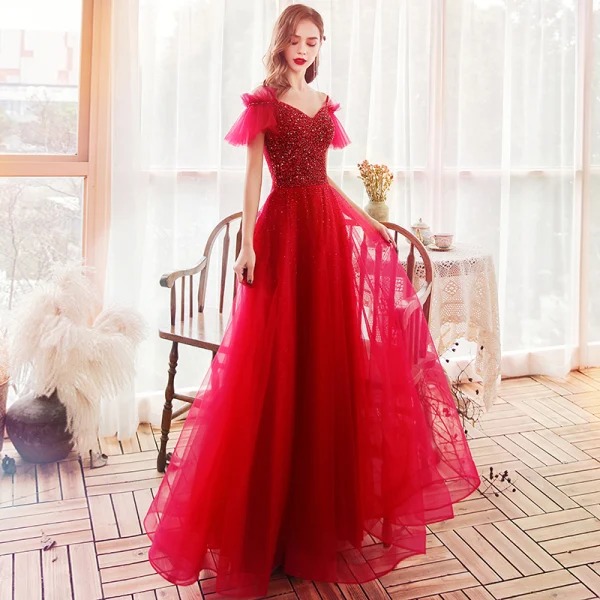 Chic / Beautiful Red Evening Dresses 2020 A-Line / Princess Spaghetti Straps Short Sleeve Beading Sequins Floor-Length / Long Ruffle Backless Formal