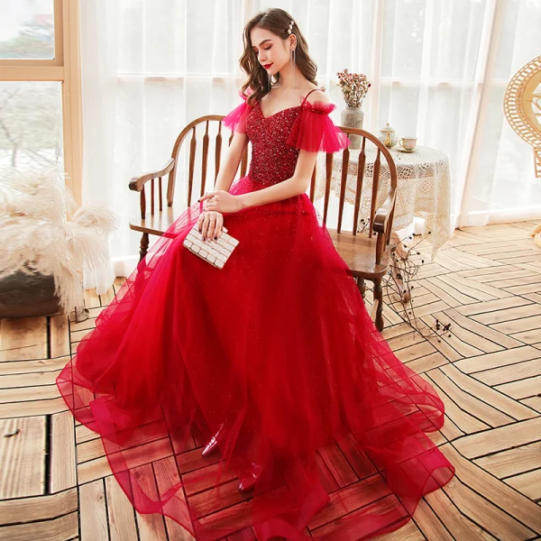 Chic / Belle Rouge Robe De Soirée 2020 Princesse Bretelles Spaghetti Manches Courtes Perlage Paillettes Longue Volants Dos Nu Robe De Ceremonie