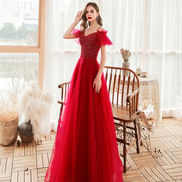 Chic / Belle Rouge Robe De Soirée 2020 Princesse Bretelles Spaghetti Manches Courtes Perlage Paillettes Longue Volants Dos Nu Robe De Ceremonie