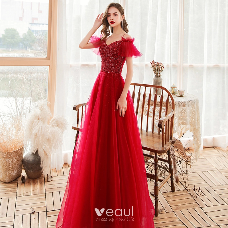 Chic / Beautiful Red Evening Dresses 2020 A-Line / Princess Spaghetti Straps Short Sleeve Beading Sequins Floor-Length / Long Ruffle Backless Formal Chic / Beautiful Red Evening Dresses 2020 A-Line / Princess Spaghetti Straps Short Sleeve Beading Sequins Floor-Length / Long Ruffle Backless Formal