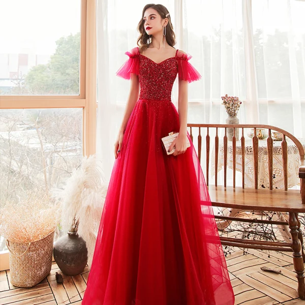Chic / Belle Rouge Robe De Soirée 2020 Princesse Bretelles Spaghetti Manches Courtes Perlage Paillettes Longue Volants Dos Nu Robe De Ceremonie