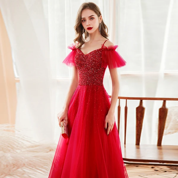 Chic / Belle Rouge Robe De Soirée 2020 Princesse Bretelles Spaghetti Manches Courtes Perlage Paillettes Longue Volants Dos Nu Robe De Ceremonie