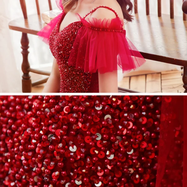 Chic / Belle Rouge Robe De Soirée 2020 Princesse Bretelles Spaghetti Manches Courtes Perlage Paillettes Longue Volants Dos Nu Robe De Ceremonie
