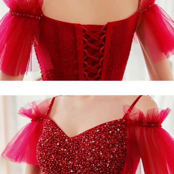 Chic / Belle Rouge Robe De Soirée 2020 Princesse Bretelles Spaghetti Manches Courtes Perlage Paillettes Longue Volants Dos Nu Robe De Ceremonie