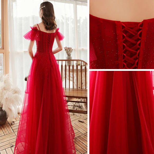 Chic / Belle Rouge Robe De Soirée 2020 Princesse Bretelles Spaghetti Manches Courtes Perlage Paillettes Longue Volants Dos Nu Robe De Ceremonie