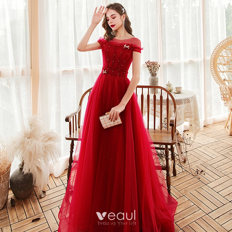 Red Off-shoulder Lace Top Sexy A-line Long Prom Dress, PD3475 – SposaBridal