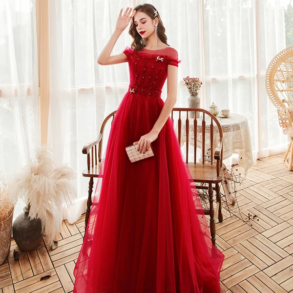 Chic / Belle Rouge Robe De Soirée 2020 Princesse Transparentes Encolure Dégagée Manches Courtes Perlage Glitter Tulle Train De Balayage Dos Nu Robe De Ceremonie