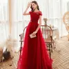 Chic / Beautiful Red Evening Dresses  2020 A-Line / Princess See-through Scoop Neck Short Sleeve Beading Glitter Tulle Sweep Train Backless Formal Dresses