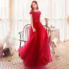 Chic / Belle Rouge Robe De Soirée 2020 Princesse Transparentes Encolure Dégagée Manches Courtes Perlage Glitter Tulle Train De Balayage Dos Nu Robe De Ceremonie