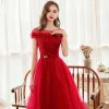 Chic / Beautiful Red Evening Dresses  2020 A-Line / Princess See-through Scoop Neck Short Sleeve Beading Glitter Tulle Sweep Train Backless Formal Dresses