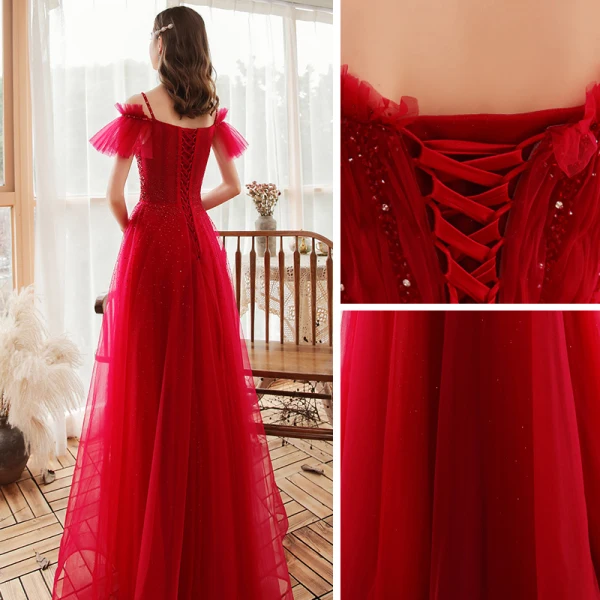 Chic / Belle Rouge Robe De Soirée 2020 Princesse Transparentes Encolure Dégagée Manches Courtes Perlage Glitter Tulle Train De Balayage Dos Nu Robe De Ceremonie